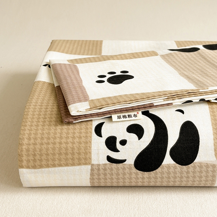 91家纺网 家纺一手货源 找家纺 青泽家纺 2025年新款老粗布床单原棉三枚缎卡老粗布凉席三件套亚麻棉麻床单枕套 可爱熊猫