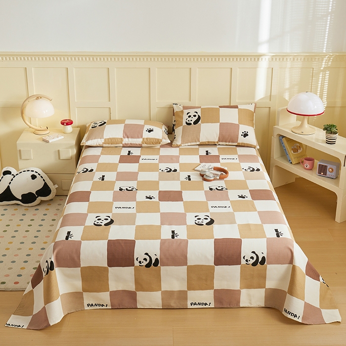 91家纺网 家纺一手货源 找家纺 青泽家纺 2025年新款老粗布床单原棉三枚缎卡老粗布凉席三件套亚麻棉麻床单枕套 可爱熊猫