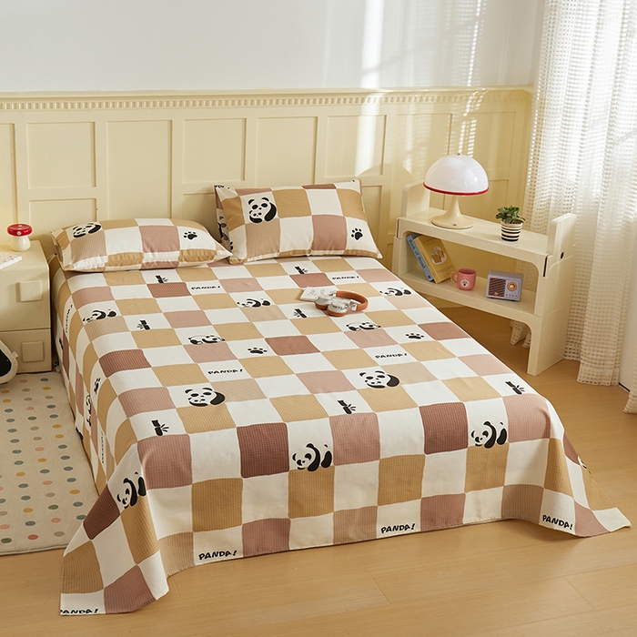 91家纺网 家纺一手货源 找家纺 青泽家纺 2025年新款老粗布床单原棉三枚缎卡老粗布凉席三件套亚麻棉麻床单枕套 可爱熊猫