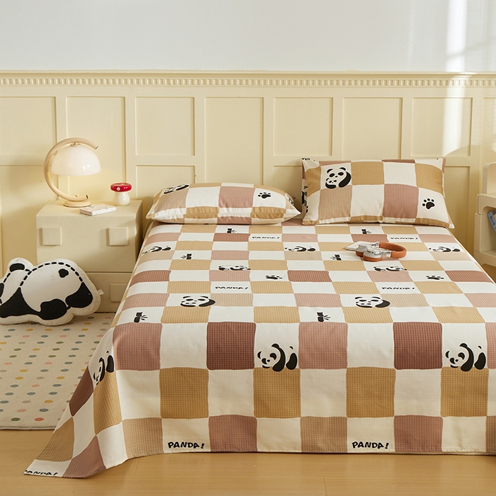 91家纺网 家纺一手货源 找家纺 青泽家纺 2025年新款老粗布床单原棉三枚缎卡老粗布凉席三件套亚麻棉麻床单枕套 可爱熊猫