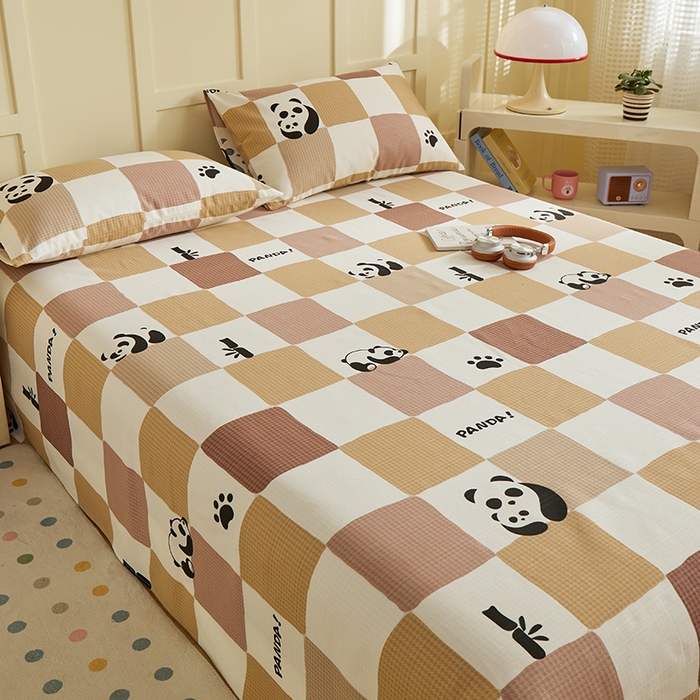 91家纺网 家纺一手货源 找家纺 青泽家纺 2025年新款老粗布床单原棉三枚缎卡老粗布凉席三件套亚麻棉麻床单枕套 可爱熊猫