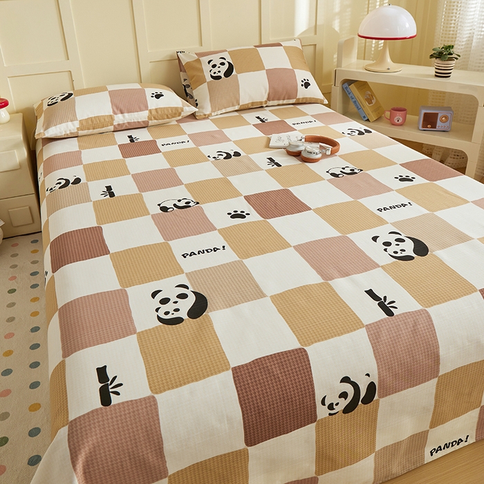 91家纺网 家纺一手货源 找家纺 青泽家纺 2025年新款老粗布床单原棉三枚缎卡老粗布凉席三件套亚麻棉麻床单枕套 可爱熊猫