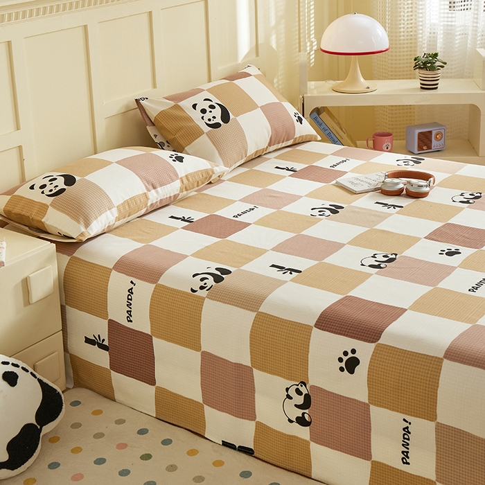 91家纺网 家纺一手货源 找家纺 青泽家纺 2025年新款老粗布床单原棉三枚缎卡老粗布凉席三件套亚麻棉麻床单枕套 可爱熊猫