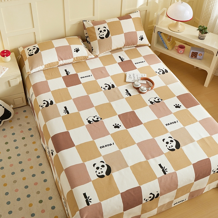 91家纺网 家纺一手货源 找家纺 青泽家纺 2025年新款老粗布床单原棉三枚缎卡老粗布凉席三件套亚麻棉麻床单枕套 可爱熊猫