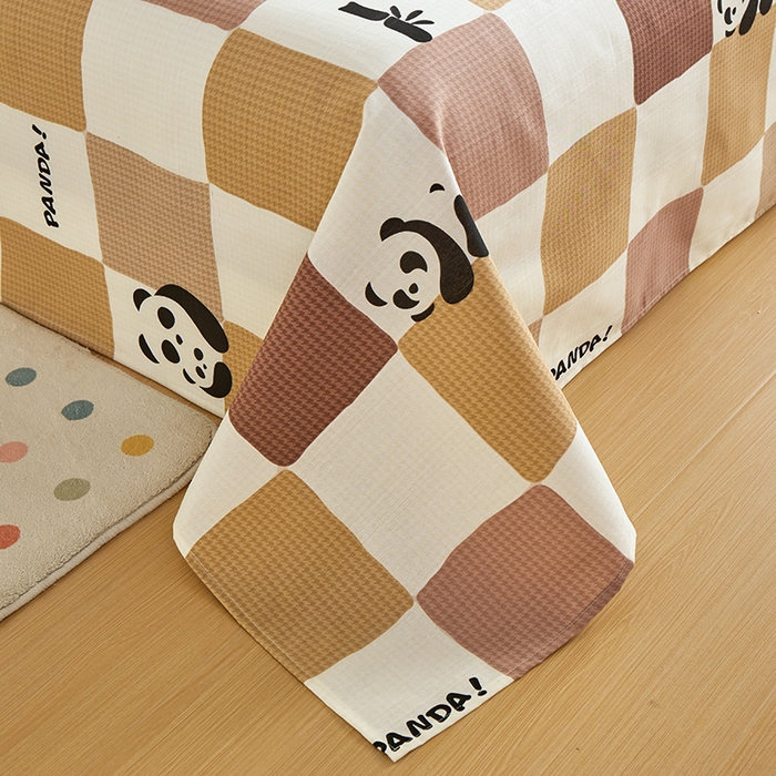 91家纺网 家纺一手货源 找家纺 青泽家纺 2025年新款老粗布床单原棉三枚缎卡老粗布凉席三件套亚麻棉麻床单枕套 可爱熊猫