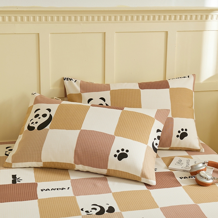 91家纺网 家纺一手货源 找家纺 青泽家纺 2025年新款老粗布床单原棉三枚缎卡老粗布凉席三件套亚麻棉麻床单枕套 可爱熊猫