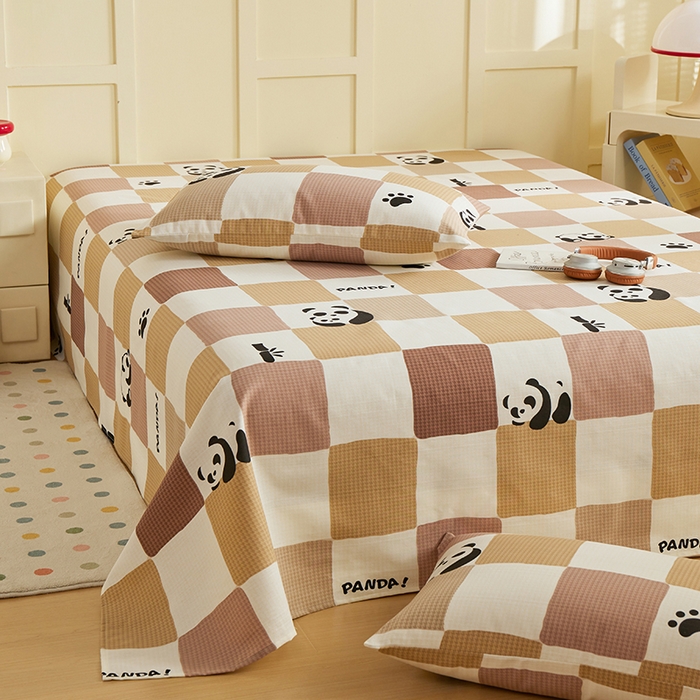 91家纺网 家纺一手货源 找家纺 青泽家纺 2025年新款老粗布床单原棉三枚缎卡老粗布凉席三件套亚麻棉麻床单枕套 可爱熊猫