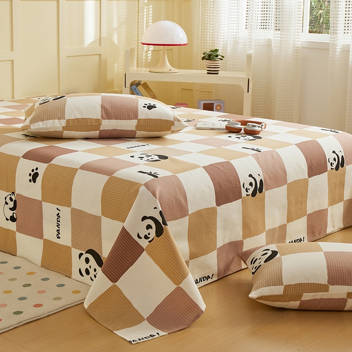 91家纺网 家纺一手货源 找家纺 青泽家纺 2025年新款老粗布床单原棉三枚缎卡老粗布凉席三件套亚麻棉麻床单枕套 可爱熊猫