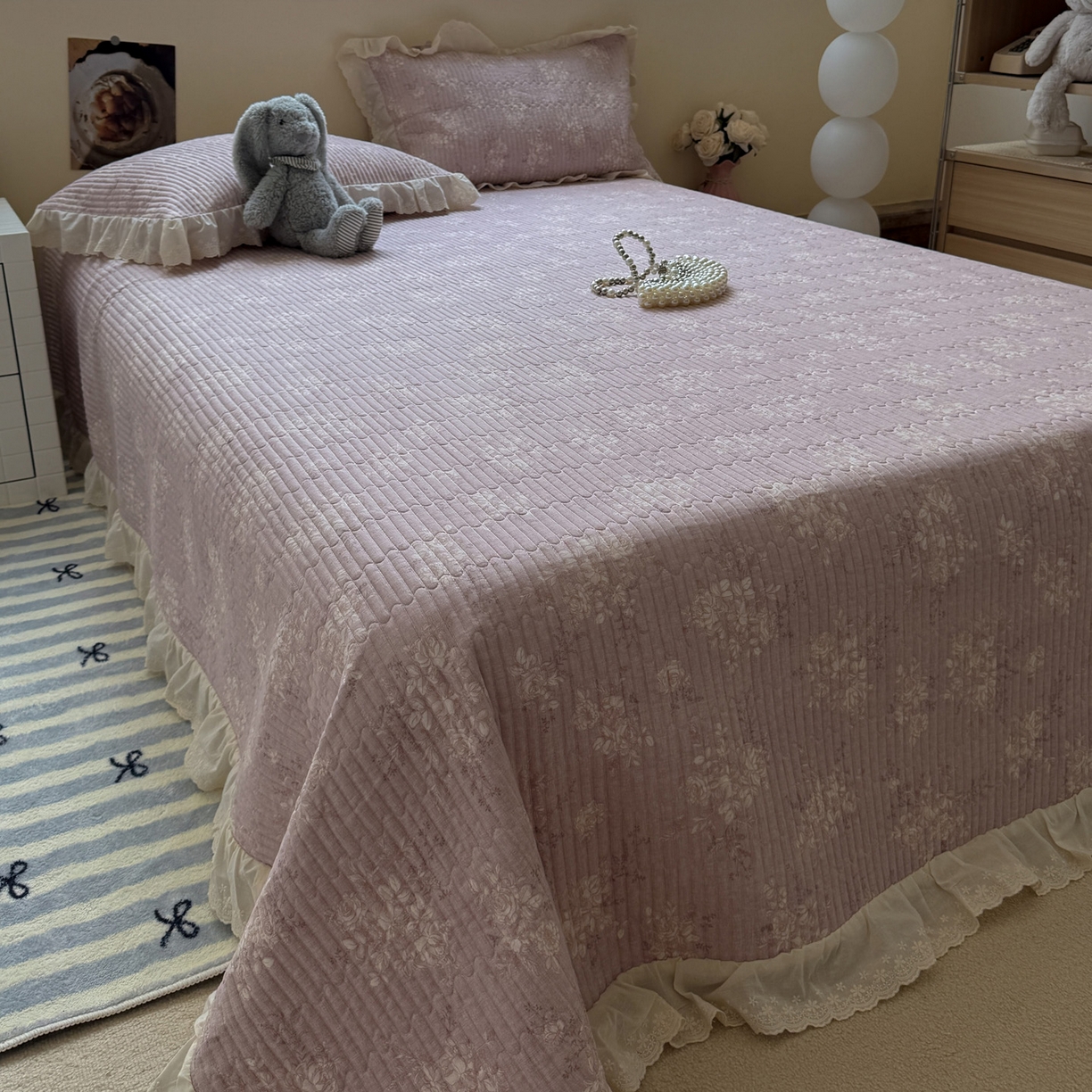 91家纺网 家纺一手货源 找家纺 一加一 2025新款全棉纯棉双层纱田园风单床盖床盖单件单品床盖 花蔓花影-粉