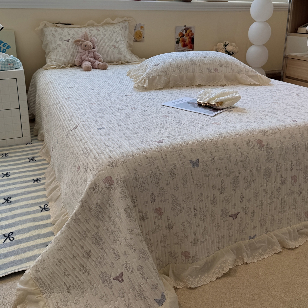 91家纺网 家纺一手货源 找家纺 一加一 2025新款全棉纯棉双层纱田园风单床盖床盖单件单品床盖 画棠春