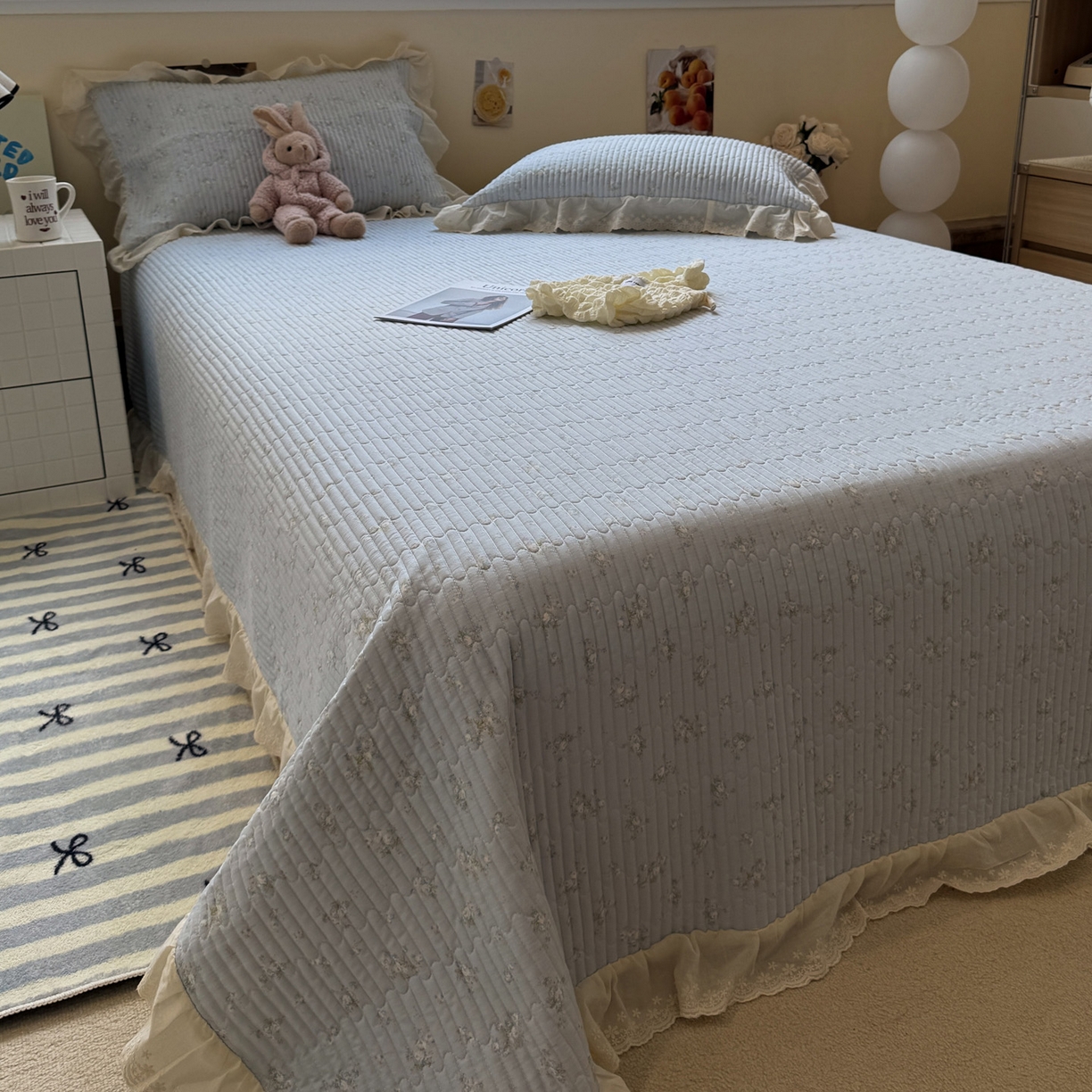 91家纺网 家纺一手货源 找家纺 一加一 2025新款全棉纯棉双层纱田园风单床盖床盖单件单品床盖 玲兰铛-兰