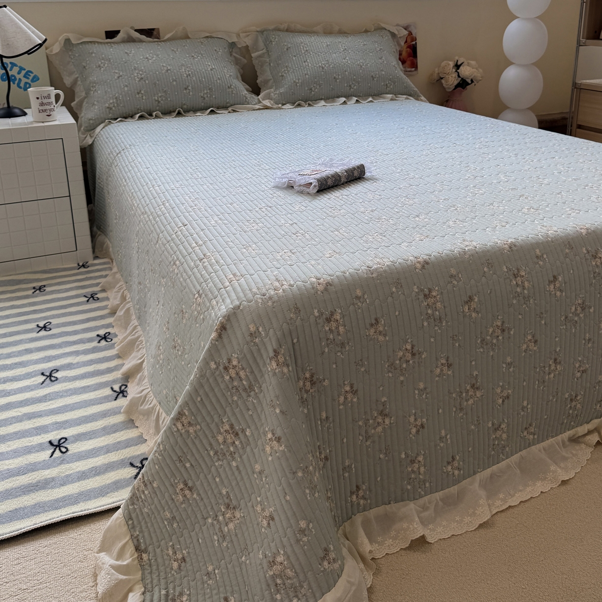 91家纺网 家纺一手货源 找家纺 一加一 2025新款全棉纯棉双层纱田园风单床盖床盖单件单品床盖 浮沉未央-绿