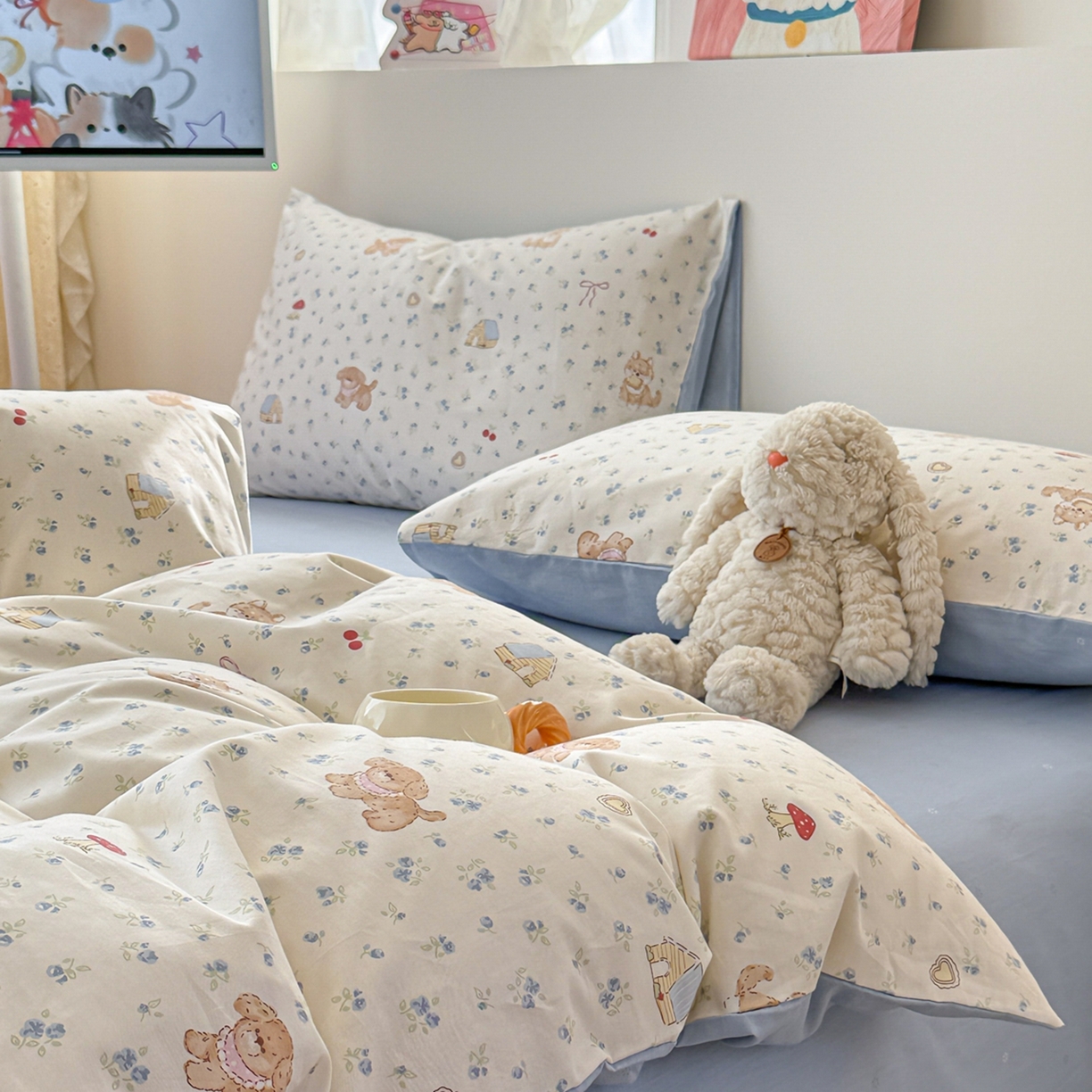 91家纺网 家纺一手货源 找家纺 2025新款全棉卡通小清新系列四件套 蘑菇狗