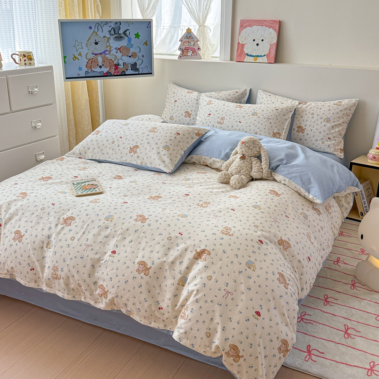 91家纺网 家纺一手货源 找家纺 2025新款全棉卡通小清新系列四件套 蘑菇狗