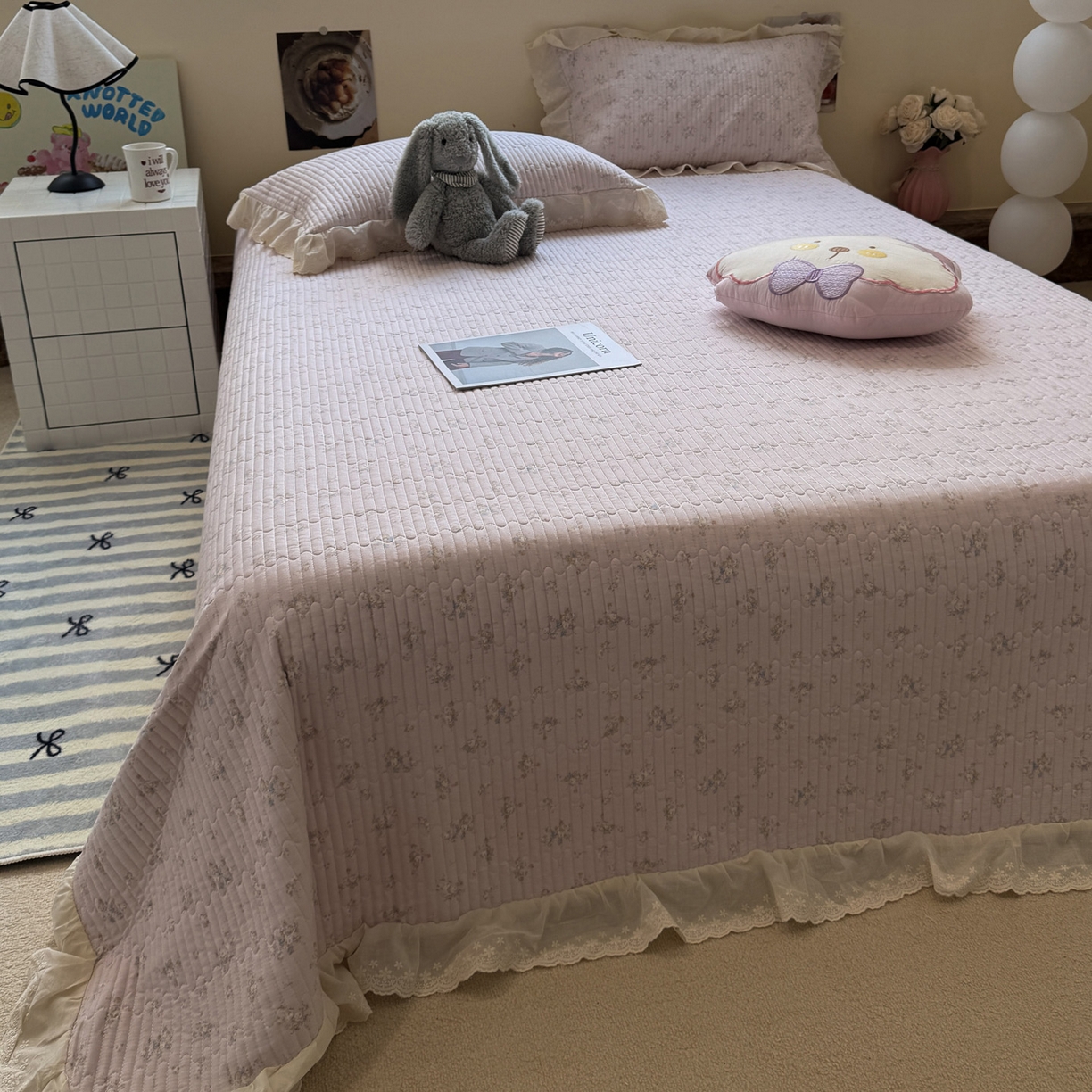 91家纺网 家纺一手货源 找家纺 一加一 2025新款全棉纯棉双层纱田园风单床盖床盖单件单品床盖 玲兰铛-粉