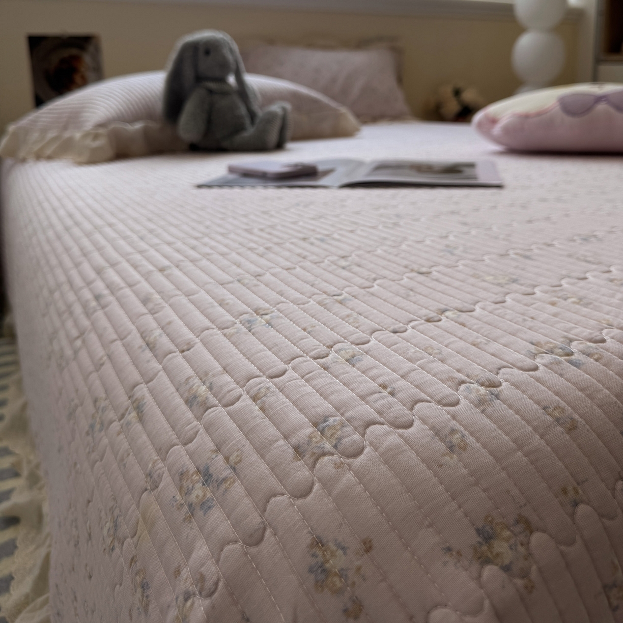 91家纺网 家纺一手货源 找家纺 一加一 2025新款全棉纯棉双层纱田园风单床盖床盖单件单品床盖 玲兰铛-粉