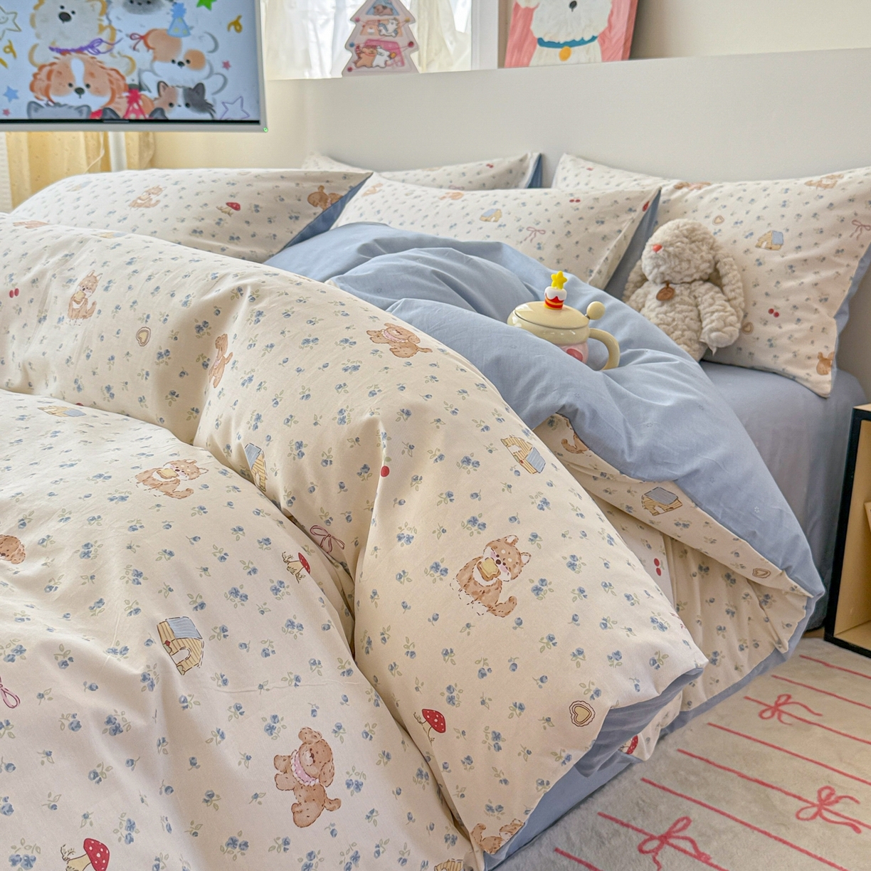 91家纺网 家纺一手货源 找家纺 2025新款全棉卡通小清新系列四件套 蘑菇狗