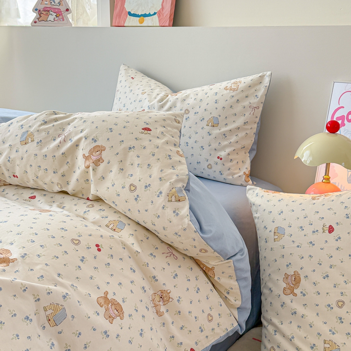 91家纺网 家纺一手货源 找家纺 2025新款全棉卡通小清新系列四件套 蘑菇狗