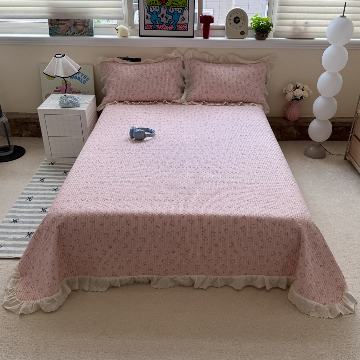 91家纺网 家纺一手货源 找家纺 一加一 2025新款全棉纯棉双层纱田园风单床盖床盖单件单品床盖 花初梦