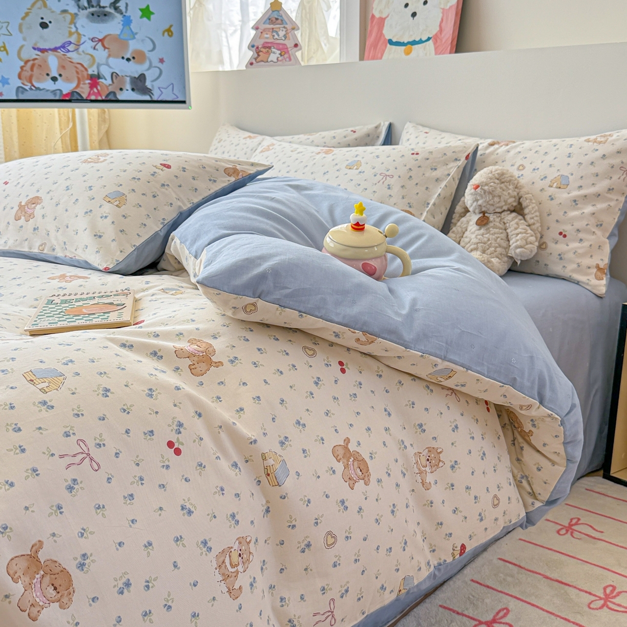 91家纺网 家纺一手货源 找家纺 2025新款全棉卡通小清新系列四件套 蘑菇狗