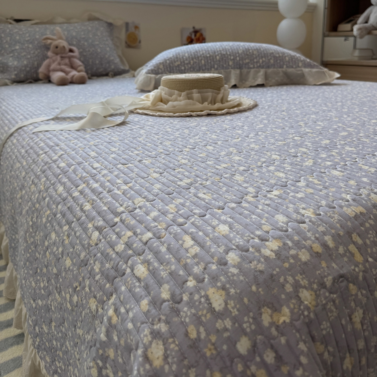 91家纺网 家纺一手货源 找家纺 一加一 2025新款全棉纯棉双层纱田园风单床盖床盖单件单品床盖 梦醒花间-灰