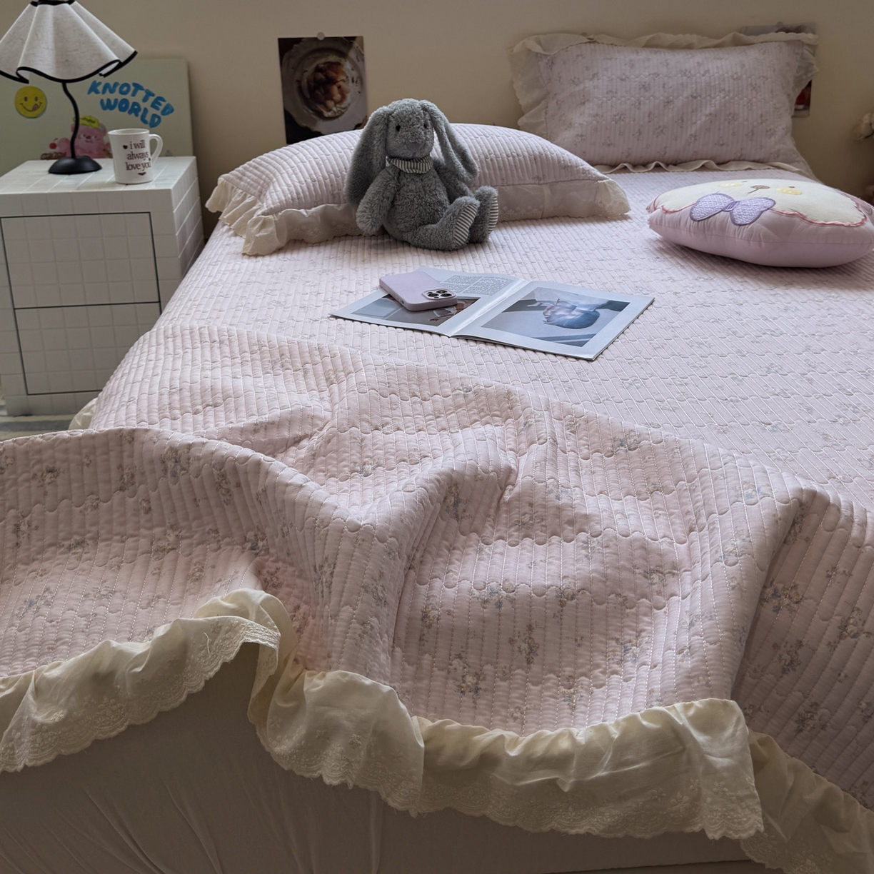 91家纺网 家纺一手货源 找家纺 一加一 2025新款全棉纯棉双层纱田园风单床盖床盖单件单品床盖 玲兰铛-粉