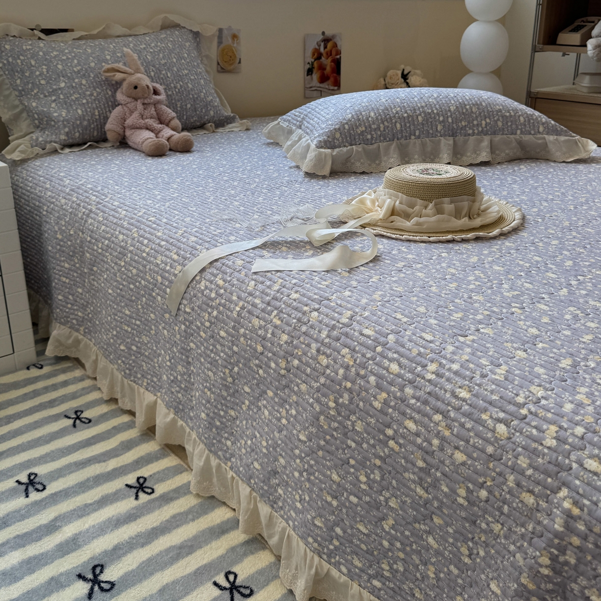 91家纺网 家纺一手货源 找家纺 一加一 2025新款全棉纯棉双层纱田园风单床盖床盖单件单品床盖 梦醒花间-灰