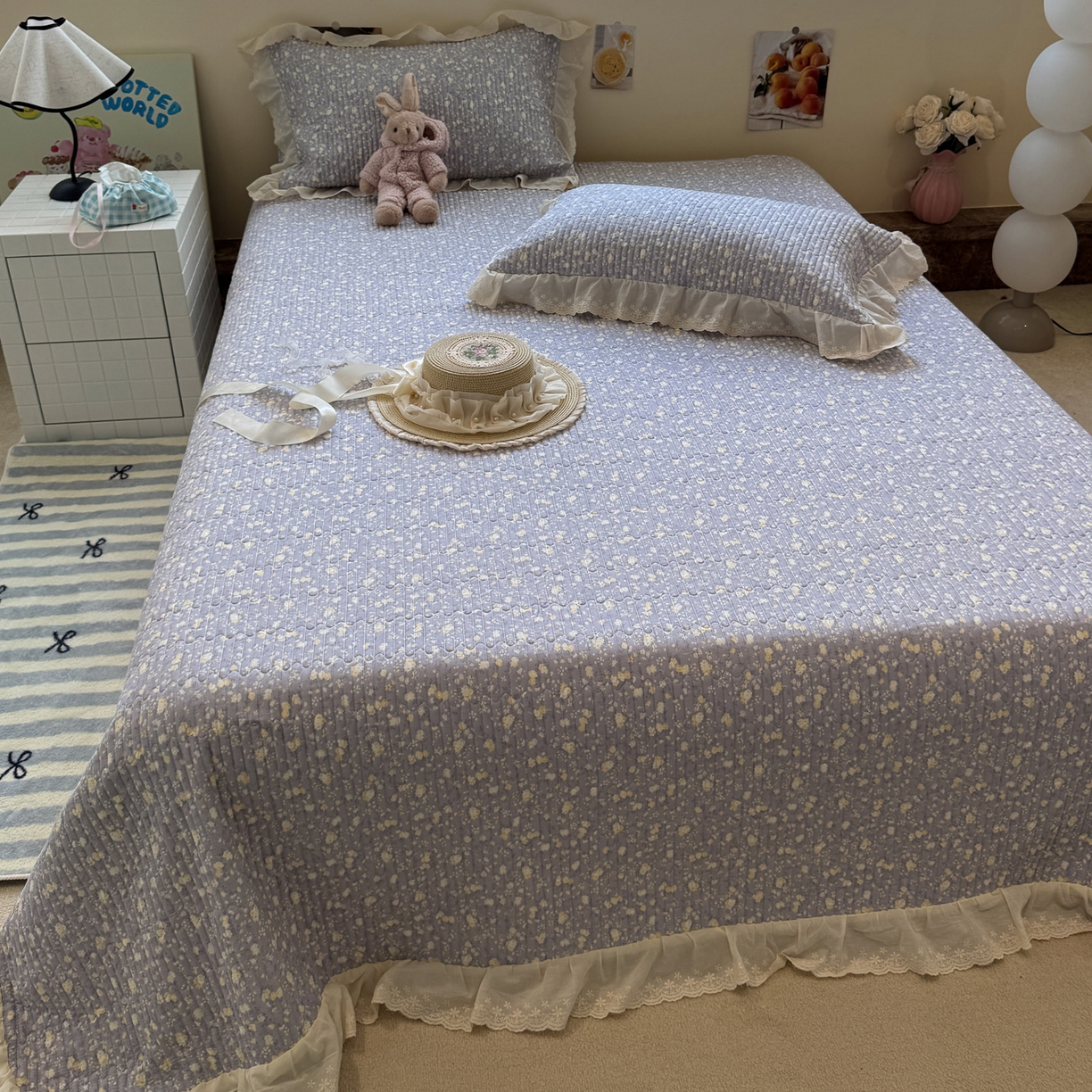 91家纺网 家纺一手货源 找家纺 一加一 2025新款全棉纯棉双层纱田园风单床盖床盖单件单品床盖 梦醒花间-灰