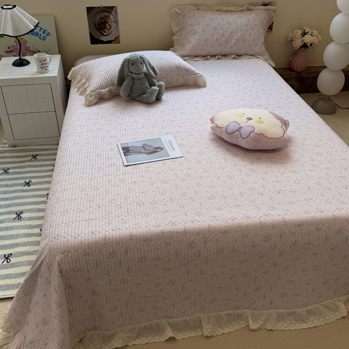 91家纺网 家纺一手货源 找家纺 一加一 2025新款全棉纯棉双层纱田园风单床盖床盖单件单品床盖 玲兰铛-粉