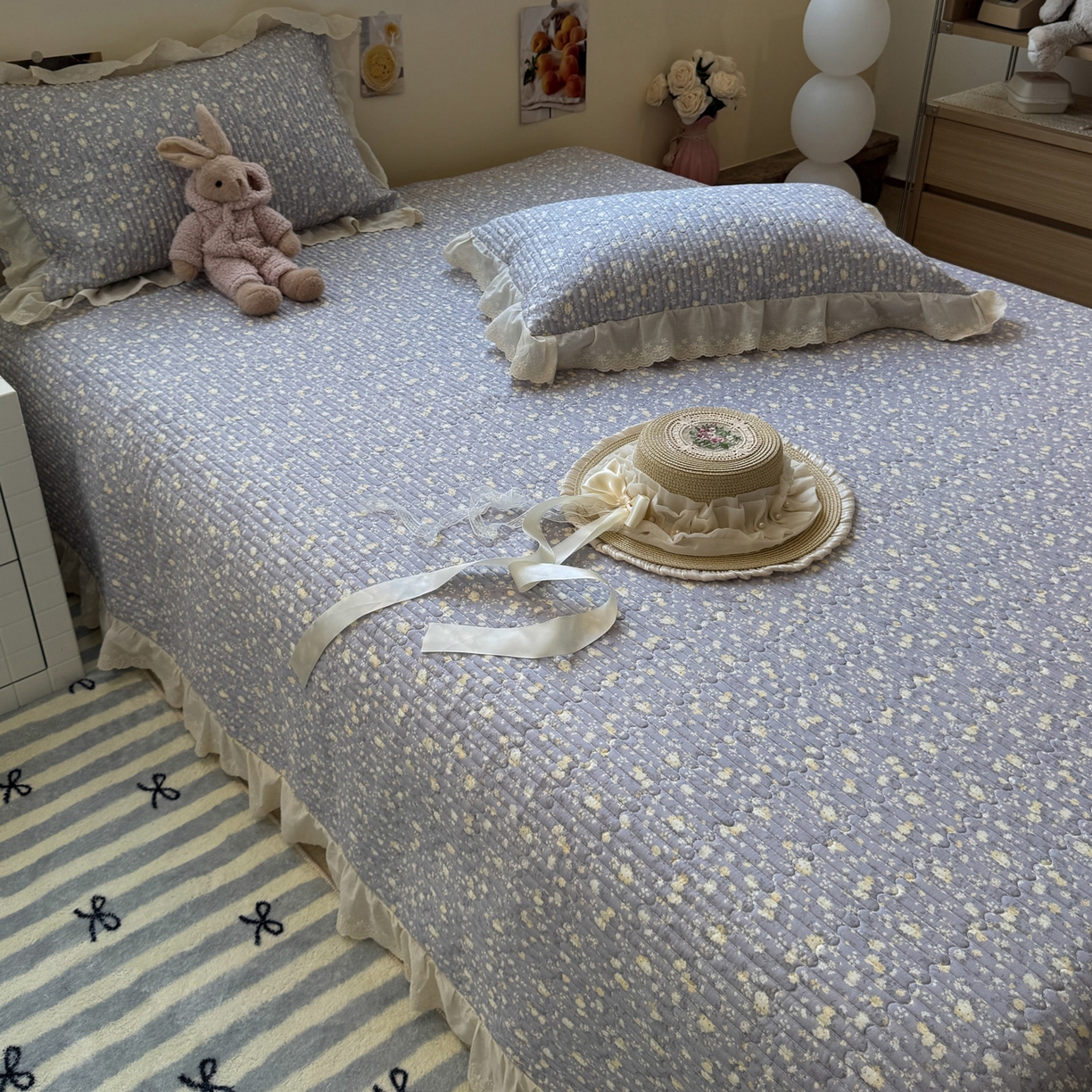 91家纺网 家纺一手货源 找家纺 一加一 2025新款全棉纯棉双层纱田园风单床盖床盖单件单品床盖 梦醒花间-灰