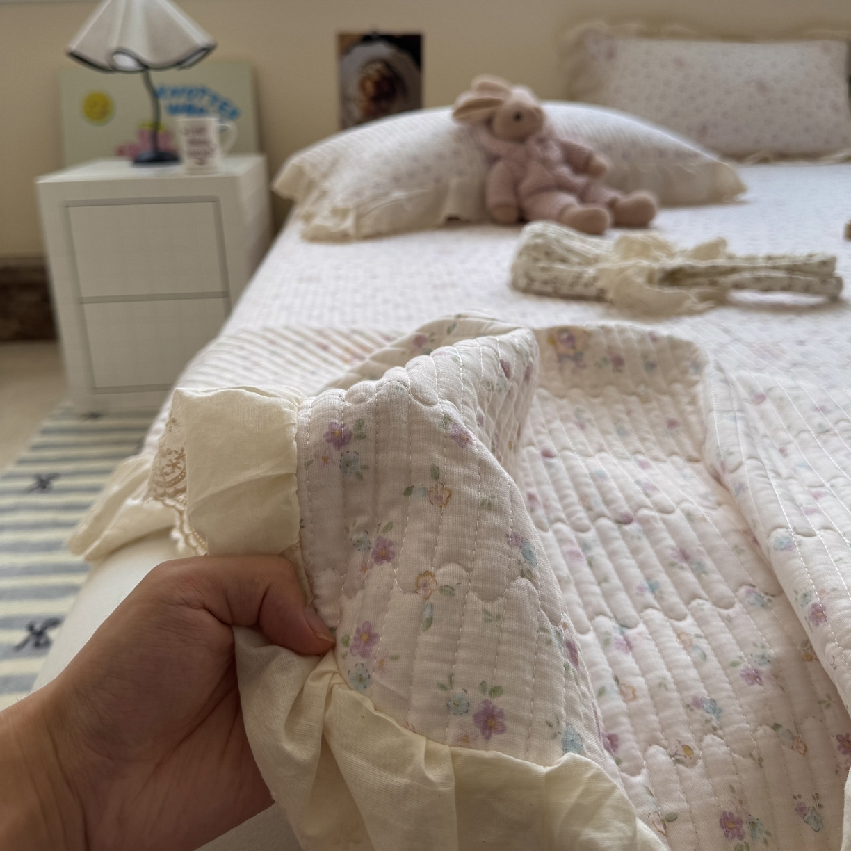 91家纺网 家纺一手货源 找家纺 一加一 2025新款全棉纯棉双层纱田园风单床盖床盖单件单品床盖 兰絮-粉