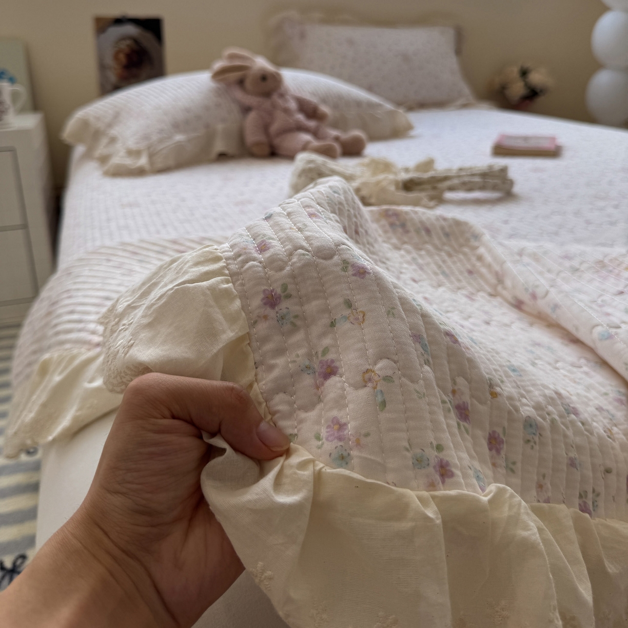 91家纺网 家纺一手货源 找家纺 一加一 2025新款全棉纯棉双层纱田园风单床盖床盖单件单品床盖 兰絮-粉