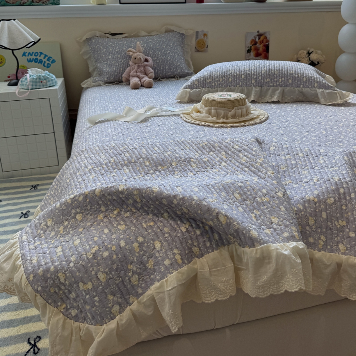 91家纺网 家纺一手货源 找家纺 一加一 2025新款全棉纯棉双层纱田园风单床盖床盖单件单品床盖 梦醒花间-灰