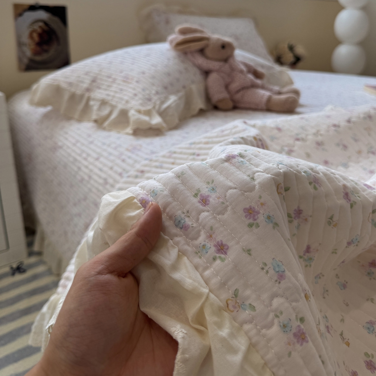 91家纺网 家纺一手货源 找家纺 一加一 2025新款全棉纯棉双层纱田园风单床盖床盖单件单品床盖 兰絮-粉