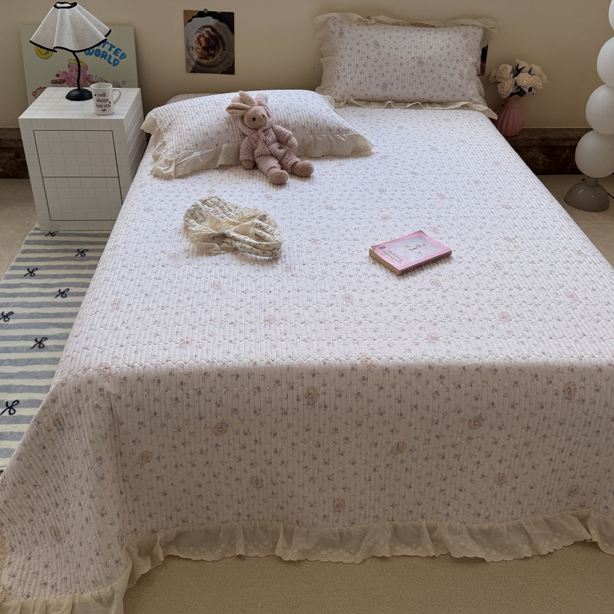 91家纺网 家纺一手货源 找家纺 一加一 2025新款全棉纯棉双层纱田园风单床盖床盖单件单品床盖 兰絮-粉