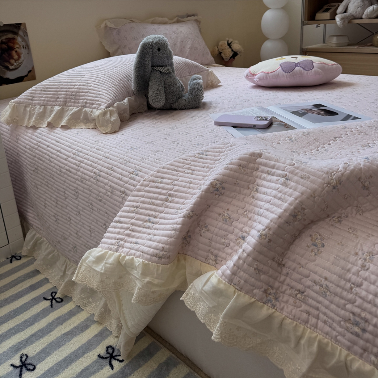 91家纺网 家纺一手货源 找家纺 一加一 2025新款全棉纯棉双层纱田园风单床盖床盖单件单品床盖 玲兰铛-粉