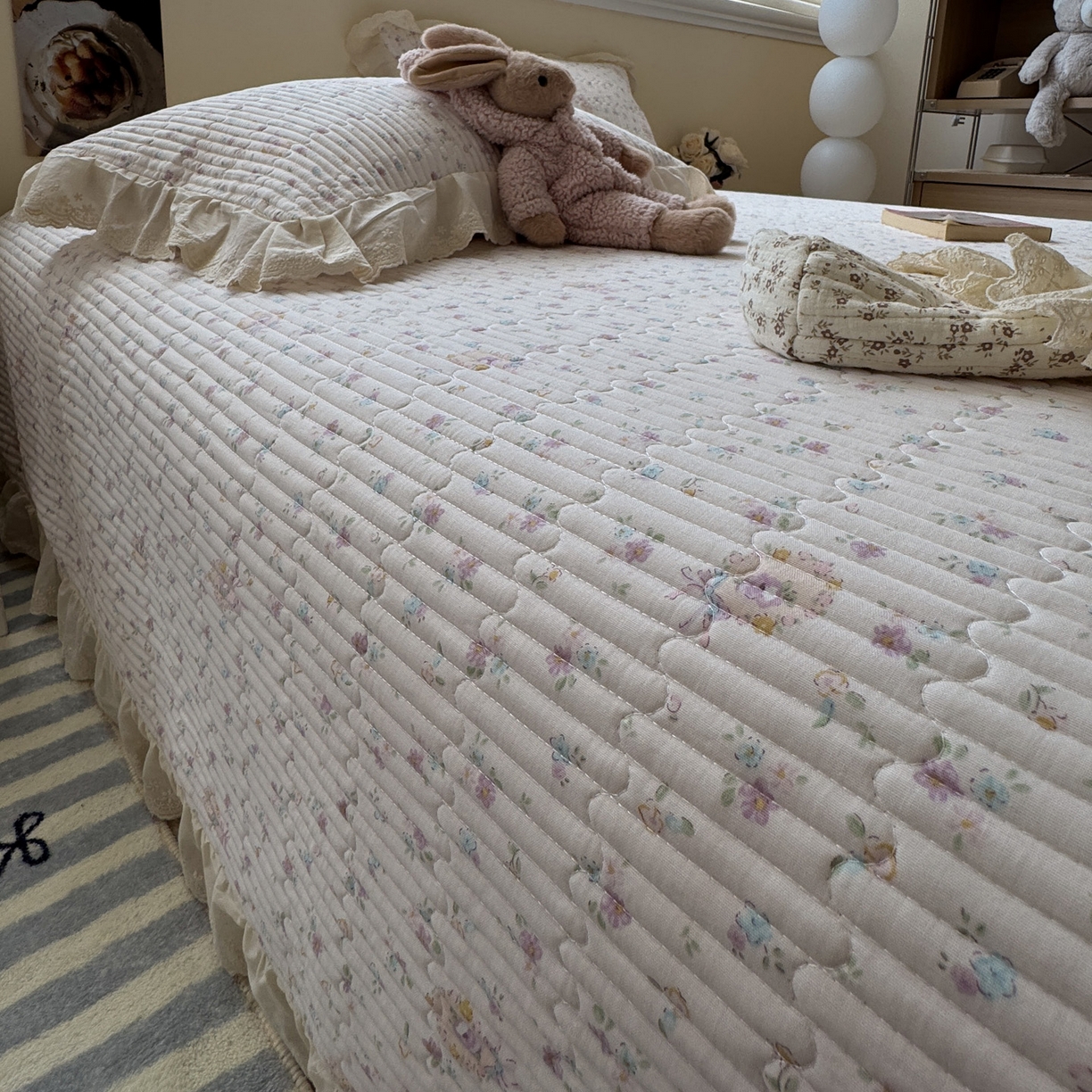 91家纺网 家纺一手货源 找家纺 一加一 2025新款全棉纯棉双层纱田园风单床盖床盖单件单品床盖 兰絮-粉