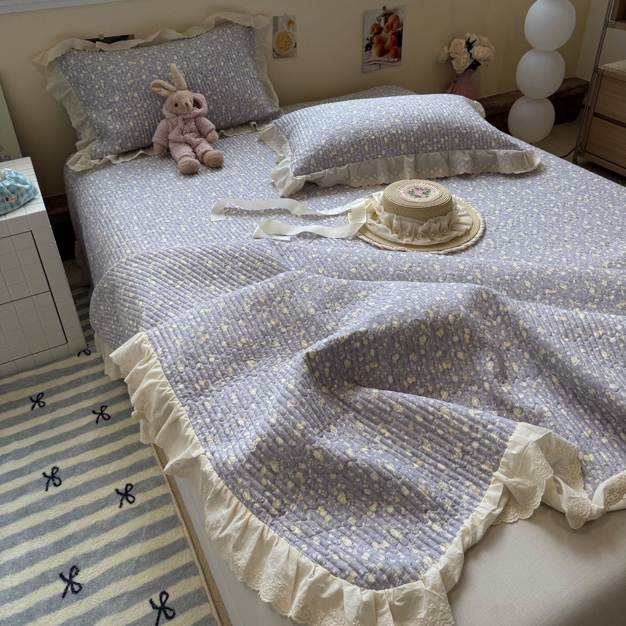 91家纺网 家纺一手货源 找家纺 一加一 2025新款全棉纯棉双层纱田园风单床盖床盖单件单品床盖 梦醒花间-灰