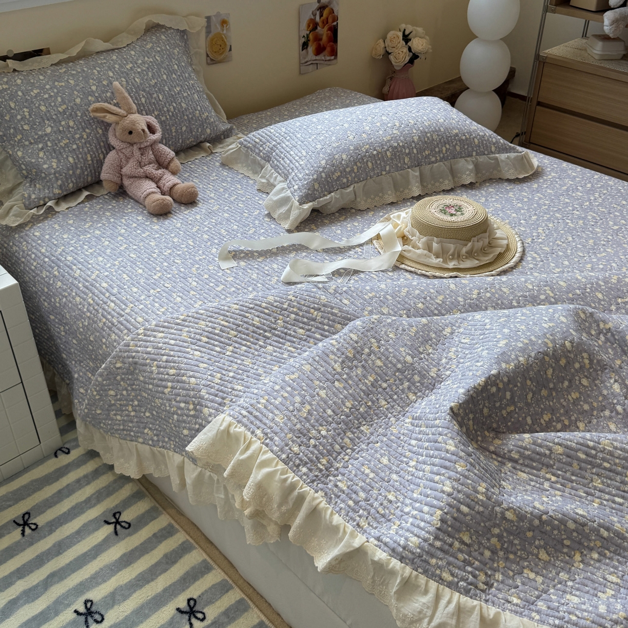 91家纺网 家纺一手货源 找家纺 一加一 2025新款全棉纯棉双层纱田园风单床盖床盖单件单品床盖 梦醒花间-灰