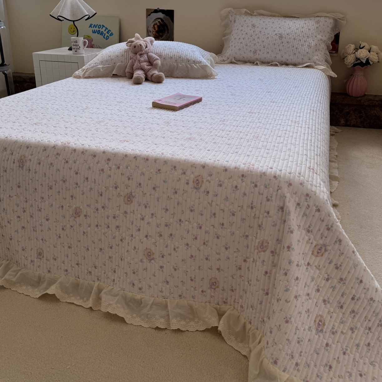 91家纺网 家纺一手货源 找家纺 一加一 2025新款全棉纯棉双层纱田园风单床盖床盖单件单品床盖 兰絮-粉