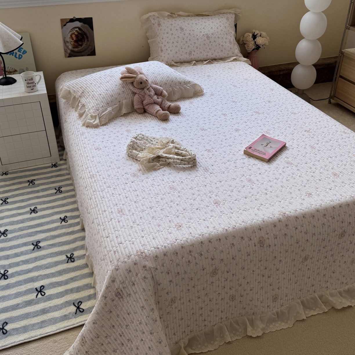 91家纺网 家纺一手货源 找家纺 一加一 2025新款全棉纯棉双层纱田园风单床盖床盖单件单品床盖 兰絮-粉