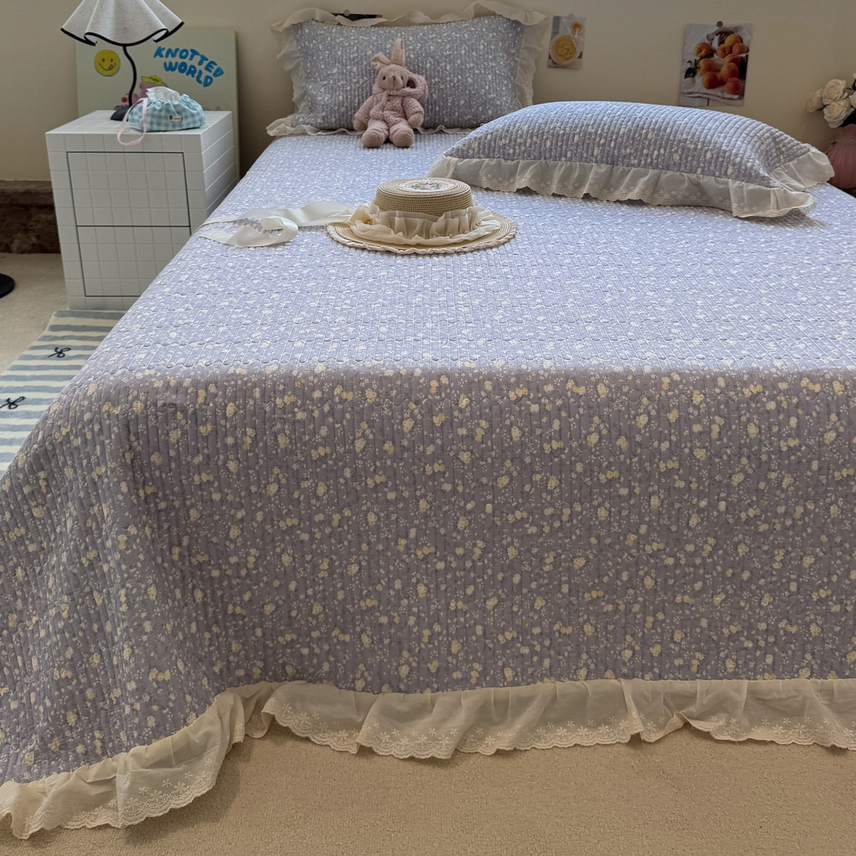 91家纺网 家纺一手货源 找家纺 一加一 2025新款全棉纯棉双层纱田园风单床盖床盖单件单品床盖 梦醒花间-灰