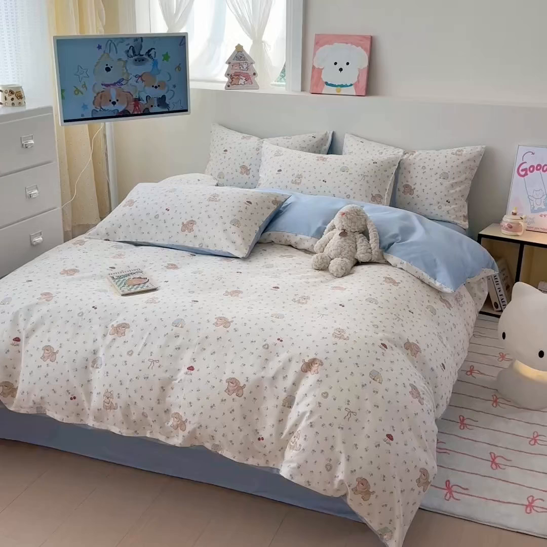 91家纺网 家纺一手货源 找家纺 2025新款全棉卡通小清新系列四件套 蘑菇狗
