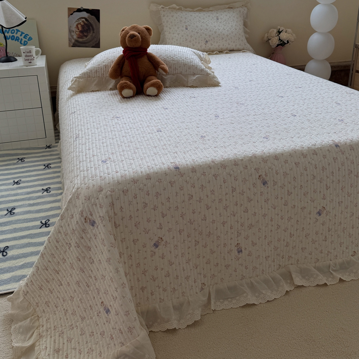 91家纺网 家纺一手货源 找家纺 一加一 2025新款全棉纯棉双层纱田园风单床盖床盖单件单品床盖 钥匙珊瑚