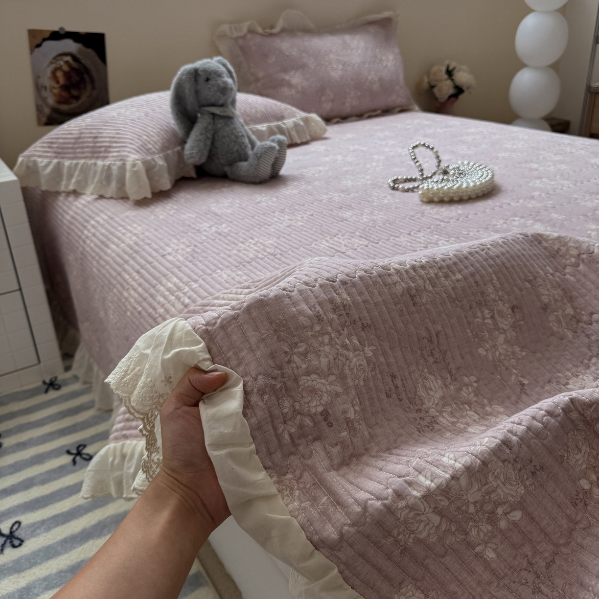 91家纺网 家纺一手货源 找家纺 一加一 2025新款全棉纯棉双层纱田园风单床盖床盖单件单品床盖 花蔓花影-粉