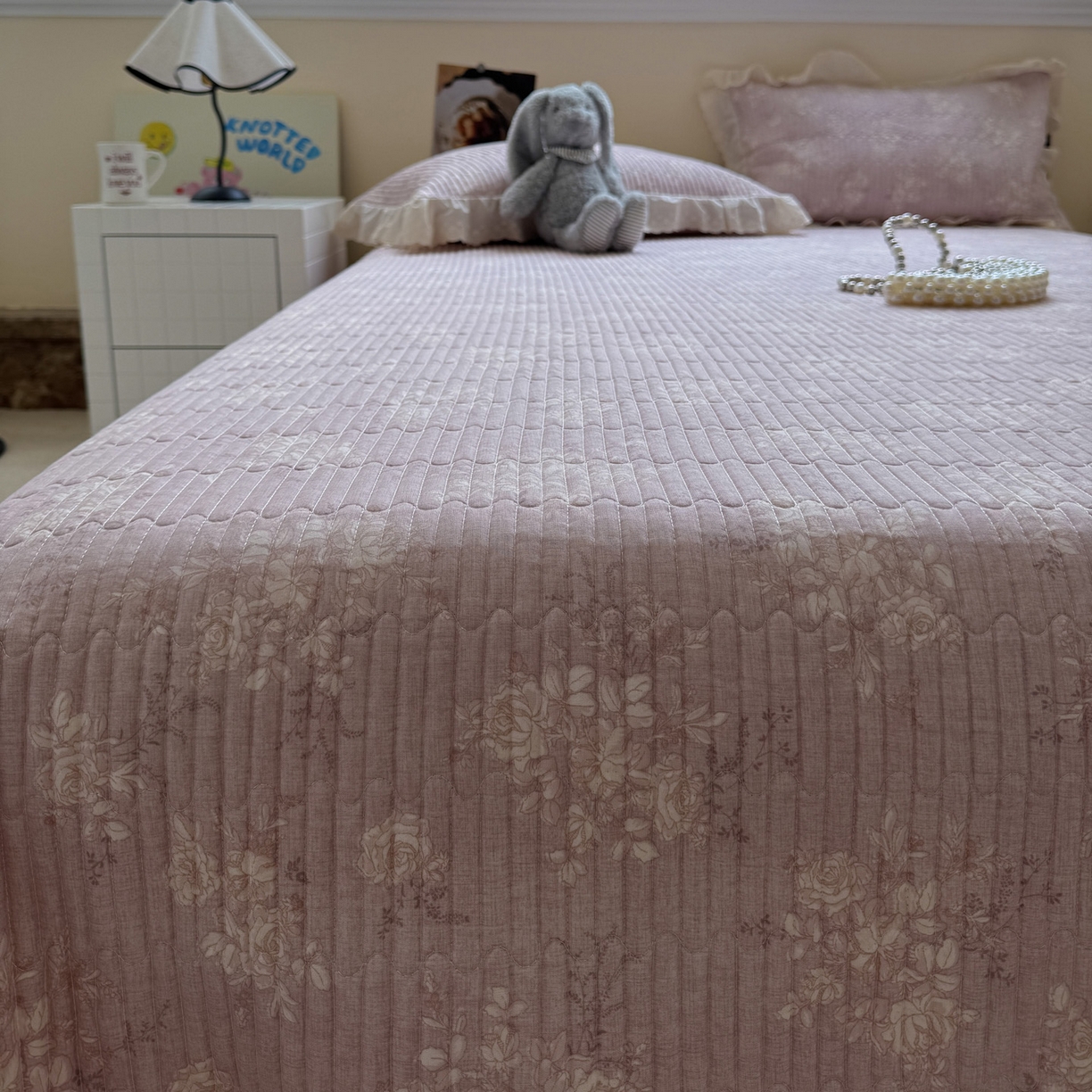 91家纺网 家纺一手货源 找家纺 一加一 2025新款全棉纯棉双层纱田园风单床盖床盖单件单品床盖 花蔓花影-粉