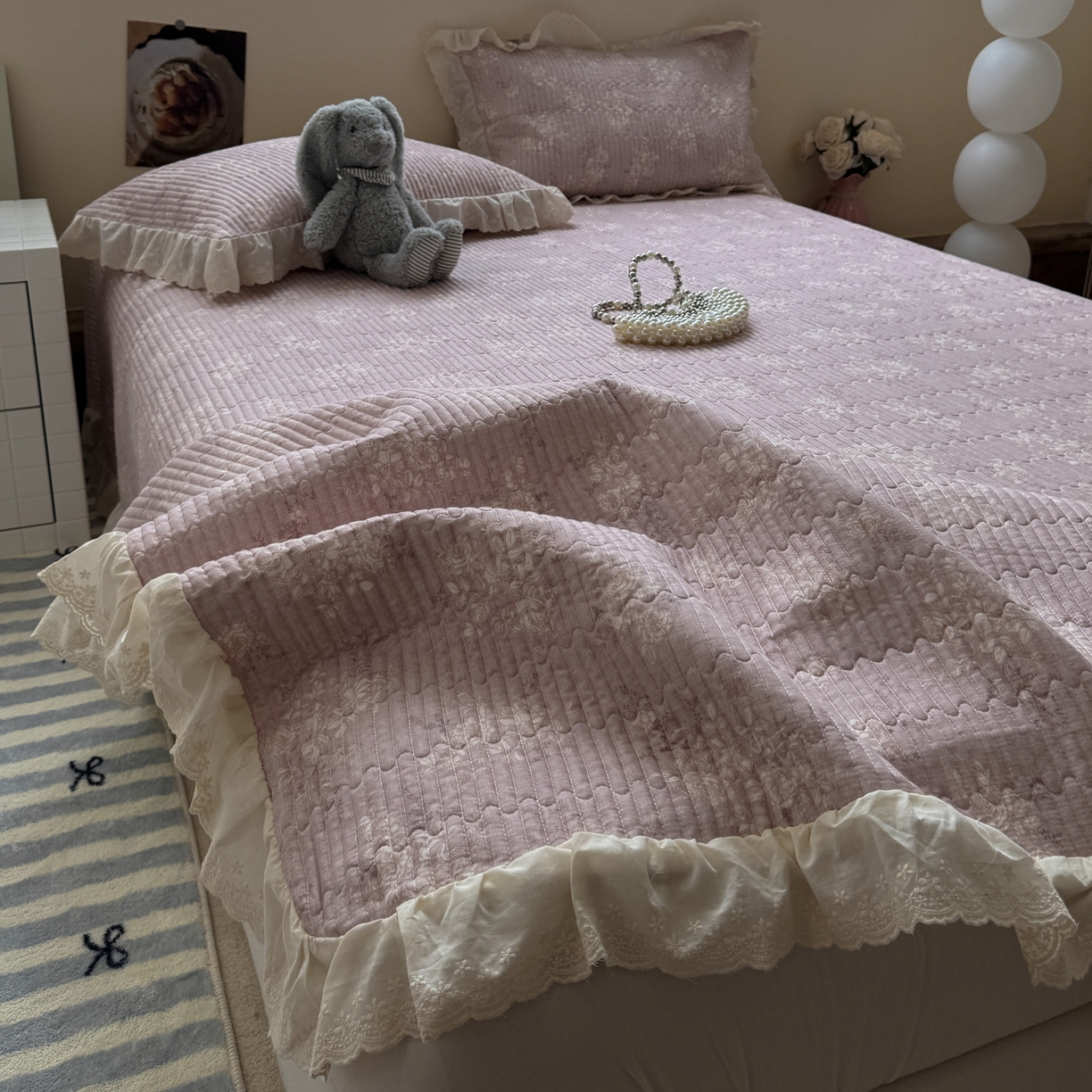 91家纺网 家纺一手货源 找家纺 一加一 2025新款全棉纯棉双层纱田园风单床盖床盖单件单品床盖 花蔓花影-粉