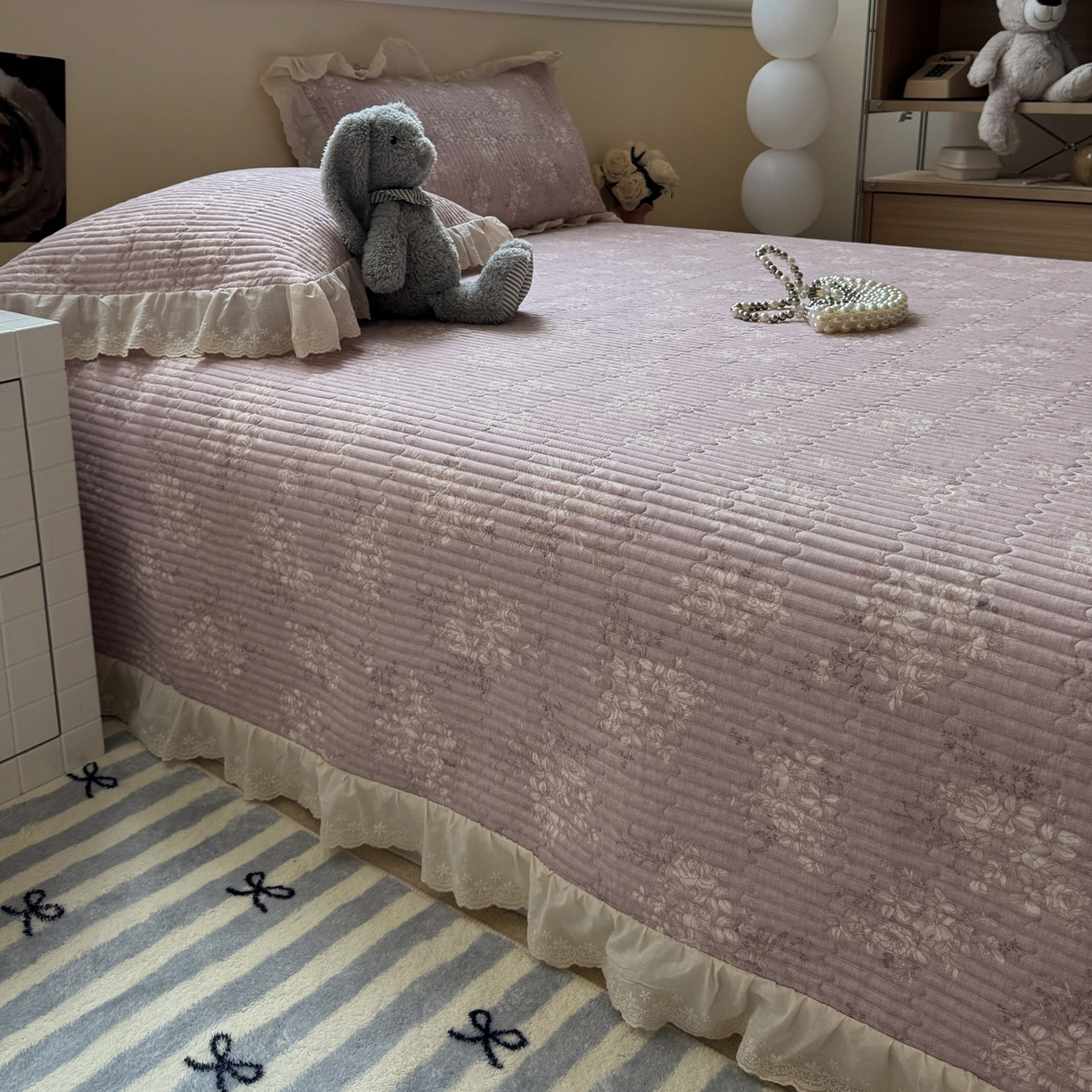 91家纺网 家纺一手货源 找家纺 一加一 2025新款全棉纯棉双层纱田园风单床盖床盖单件单品床盖 花蔓花影-粉