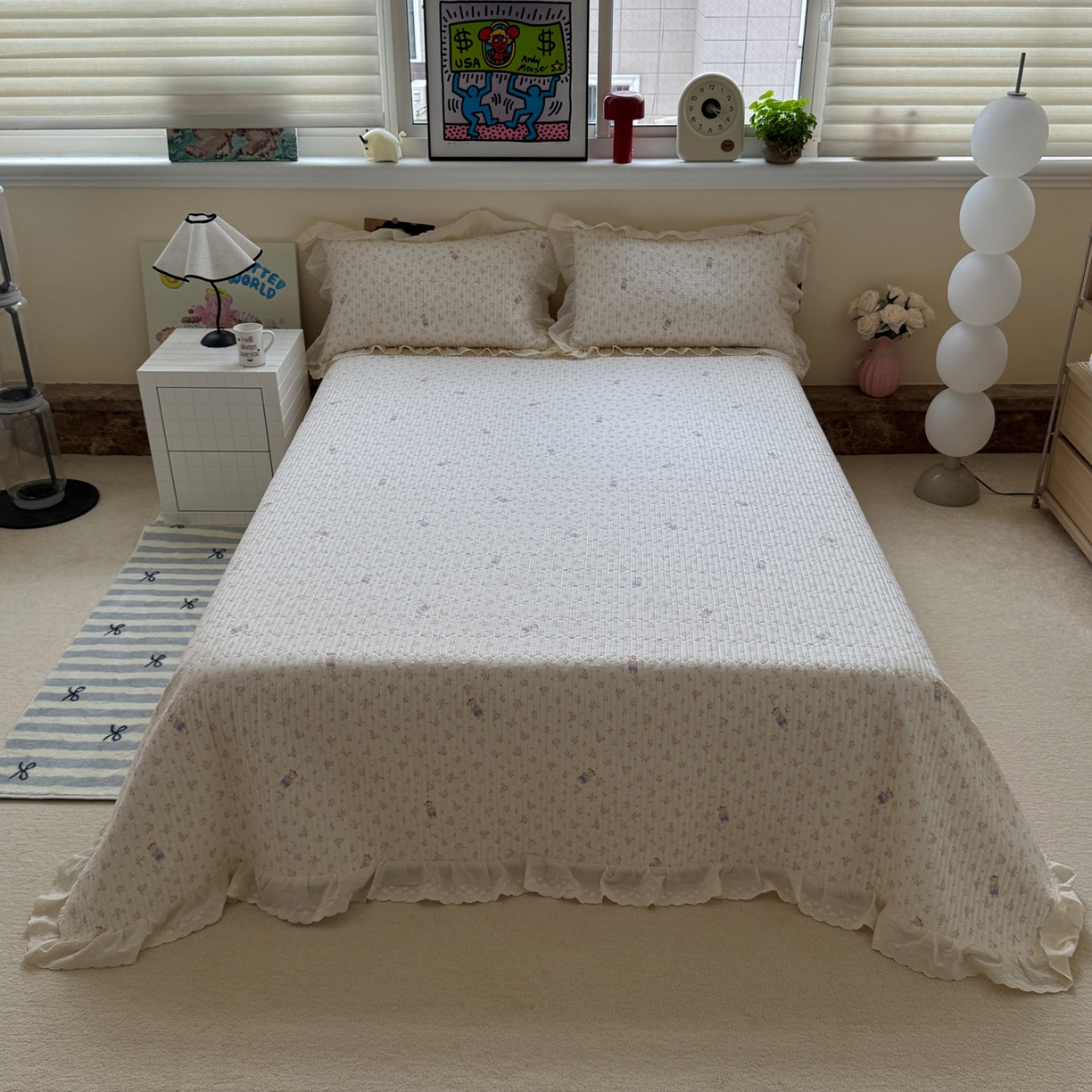 91家纺网 家纺一手货源 找家纺 一加一 2025新款全棉纯棉双层纱田园风单床盖床盖单件单品床盖 钥匙珊瑚