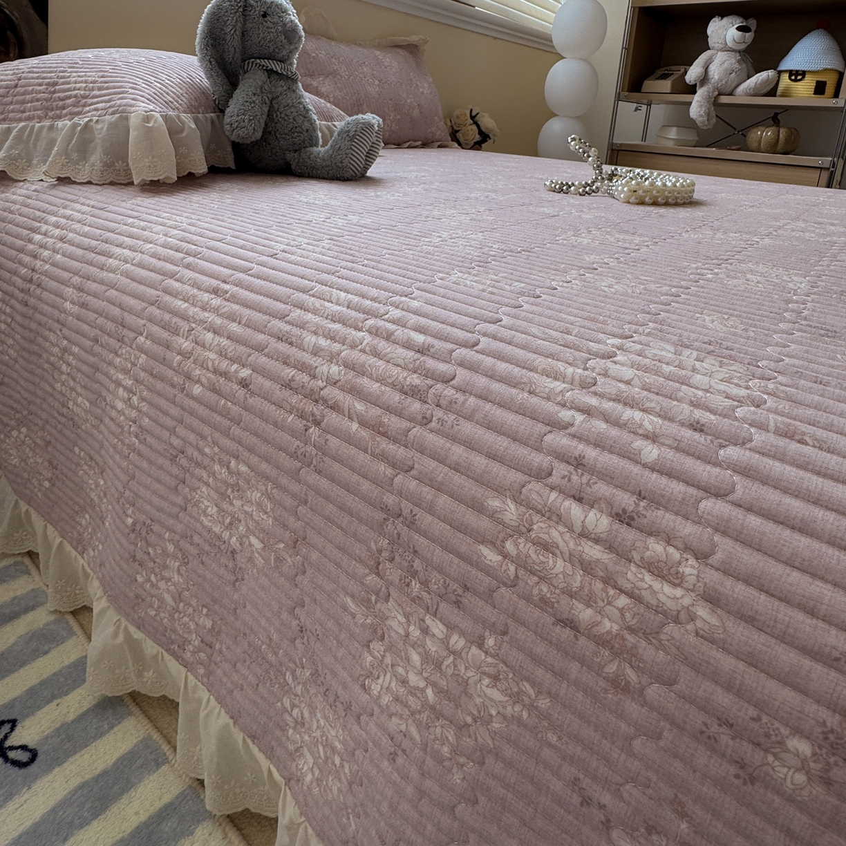 91家纺网 家纺一手货源 找家纺 一加一 2025新款全棉纯棉双层纱田园风单床盖床盖单件单品床盖 花蔓花影-粉